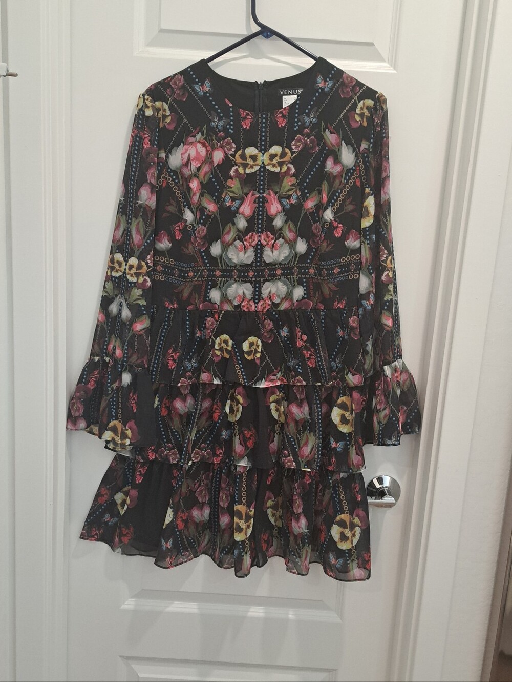 VENUS Black Floral Tiered Ruffle Dress
